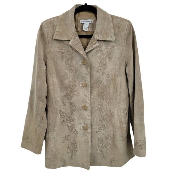 Vtg 90's Jacket Leather Embroidered Country Rodeo Shacket Neutral Tan Sz M - Picture 1 of 11